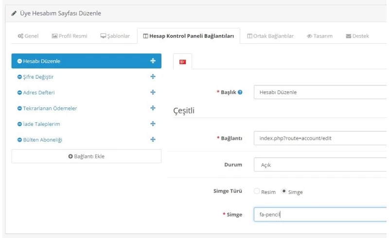 Opencart Hesabım Sayfası Modülü
