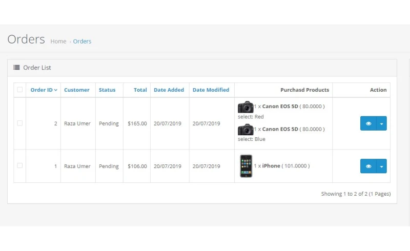 OpenCart Sipariş listesinde satın alınan ürünler