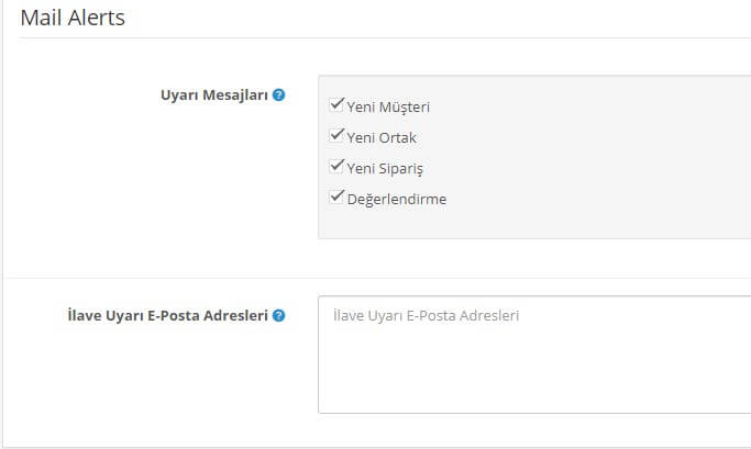 OpenCart Mail Uyarı Ekranı