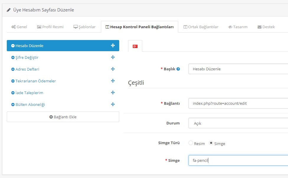 Opencart Hesabım Sayfası Modülü