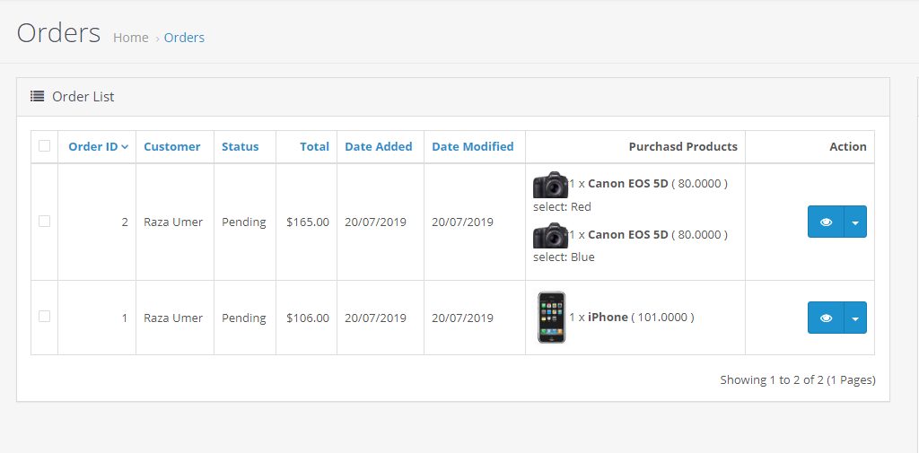 OpenCart Sipariş listesinde satın alınan ürünler